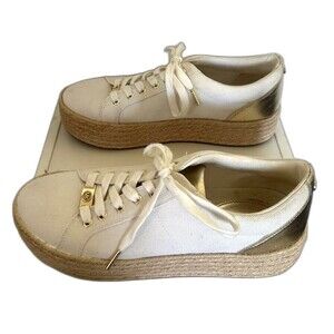 Michael Kors Canvas Espadrille Platform Sneakers Gold Ivory Lace Up 8.5M